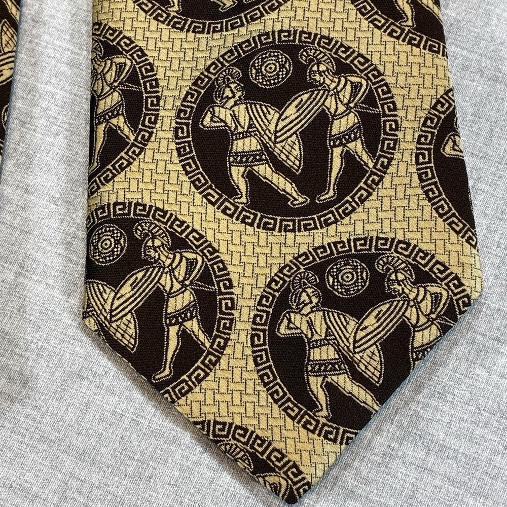 Vintage Longchamps Brown Polyester Tie Greek Roman Gladiators Warriors